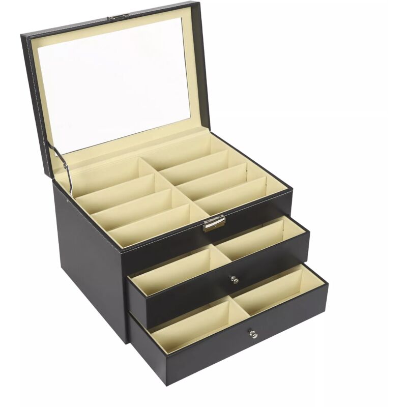foto del prodotto scatola per occhiali da 24 occhiali, custodia per occhiali a tre livelli con serratura e chiave, custodia per occhiali da sole, colore nero, 34 x 25