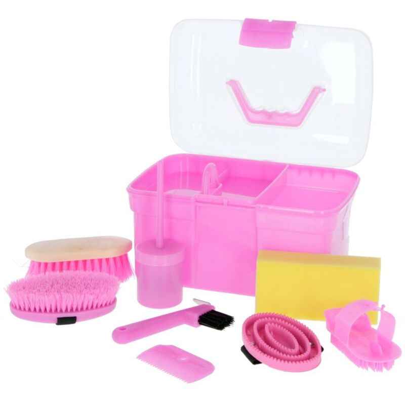 foto del prodotto scatola per toelettatura rosa con contenuto 8 pezzi per bambini, spazzole per cavalli, spazzole per criniera, scatola per toelettatura con spazzole,