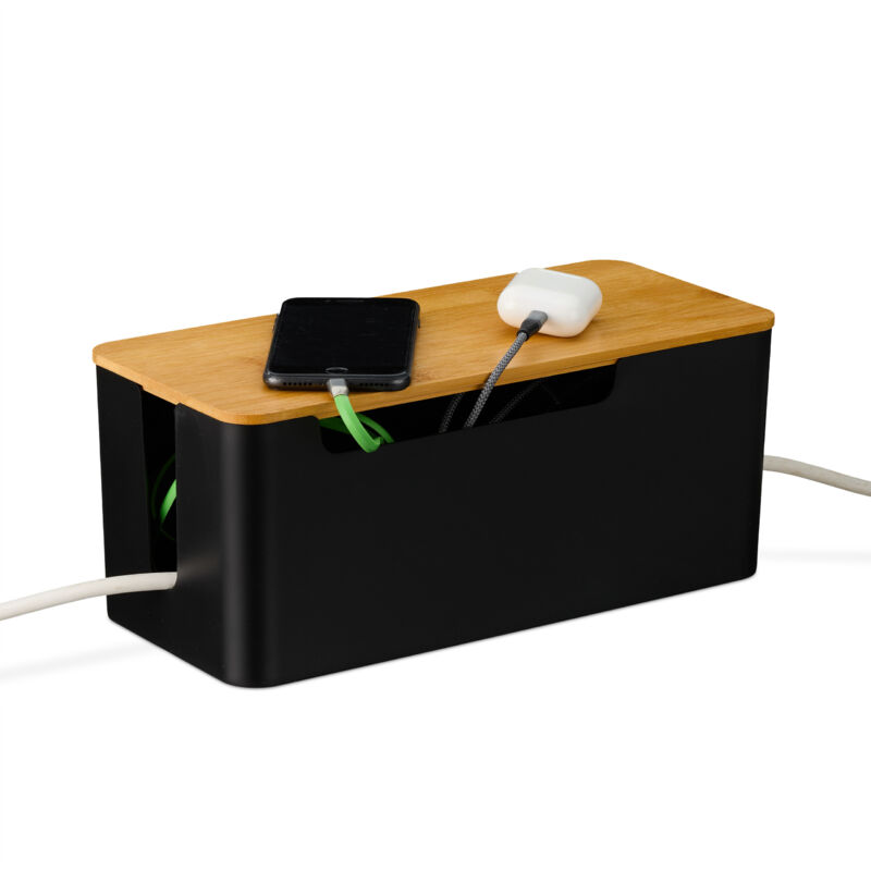 foto del prodotto scatola porta cavi da scrivania, nascondicavi 2 ciabatte, cable box 13x31x14cm, coperchio bamb , naturale nero relaxdays