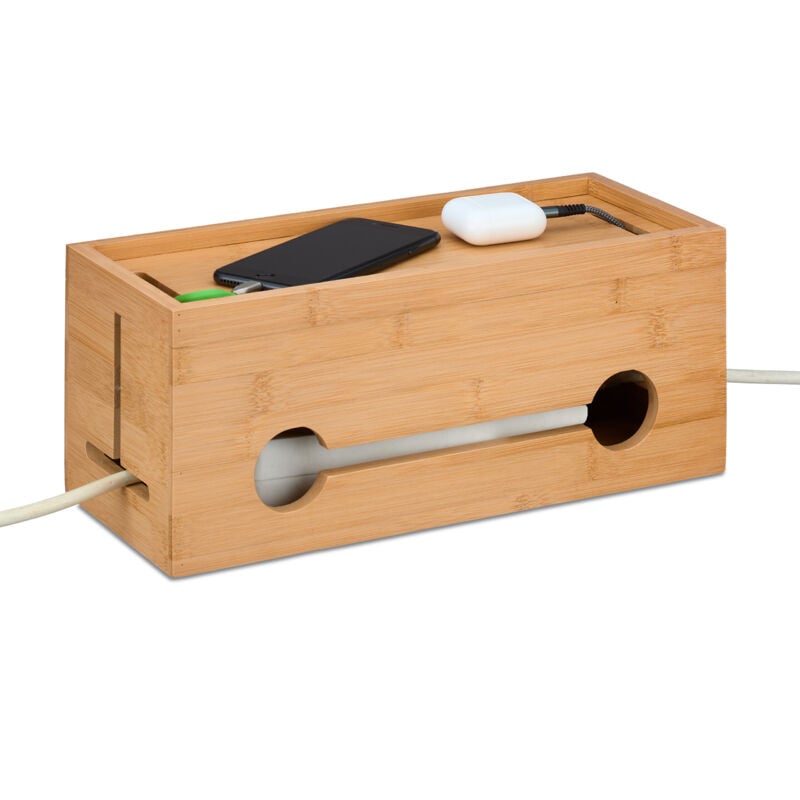 foto del prodotto scatola porta cavi da scrivania, nascondicavi per 2 ciabatte, cable box hlp 14x34,5x14 cm, in bamb , naturale relaxdays