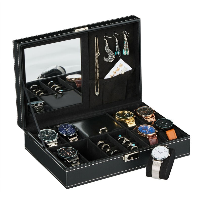 foto del prodotto scatola porta orologi, cofanetto portagioielli, 8 spazi portaorologi, finta pelle e velluto, 8x30x20,5cm, nero relaxdays