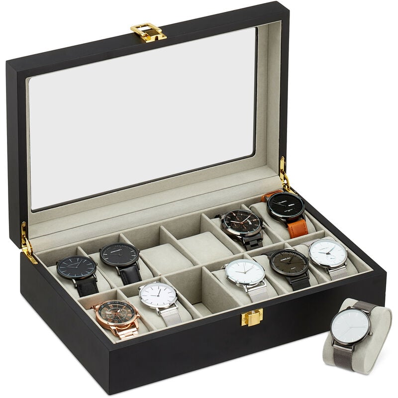 foto del prodotto scatola porta orologi, con vetrina, antigraffio, fodera in velluto, legno, cofanetto, hlp 8x31x20 cm, nero relaxdays