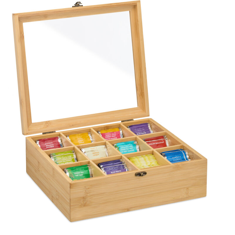 foto del prodotto scatola porta t e tisane, 12 scomparti, cofanetto con coperchio, hlp 11 x 32 x 28 cm, bamb naturale relaxdays