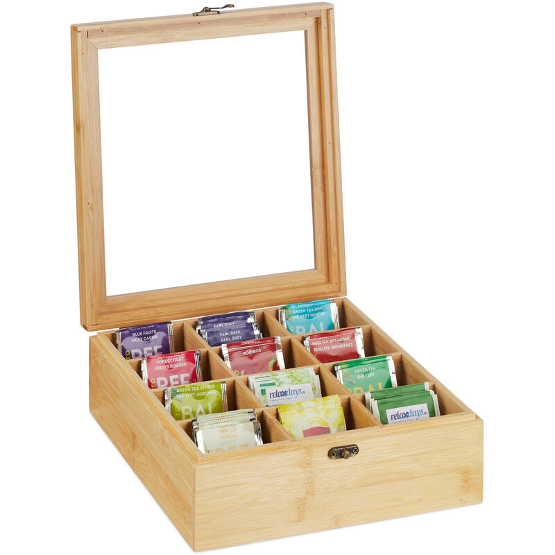 foto del prodotto scatola porta t e tisane, 12 scomparti, cofanetto con coperchio, hlp 9,5 x 26,5 x 28,5 cm, bamb naturale relaxdays