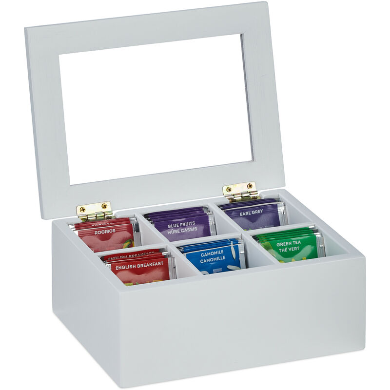 foto del prodotto scatola porta t e tisane, 6 scomparti per capsule caff , cofanetto con coperchio, 9x21,5x16 cm, bamb , bianco relaxdays