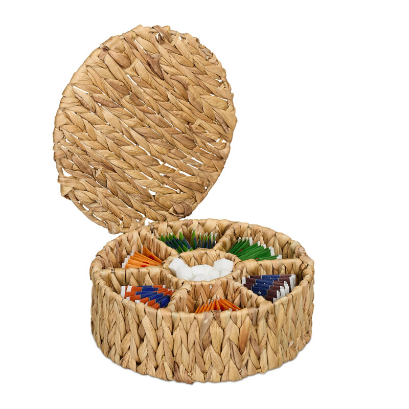 foto del prodotto scatola porta t e tisane, 7 scomparti 80 bustine, tea box con coperchio, 11,5x28cm, giacinto acqua, naturale relaxdays