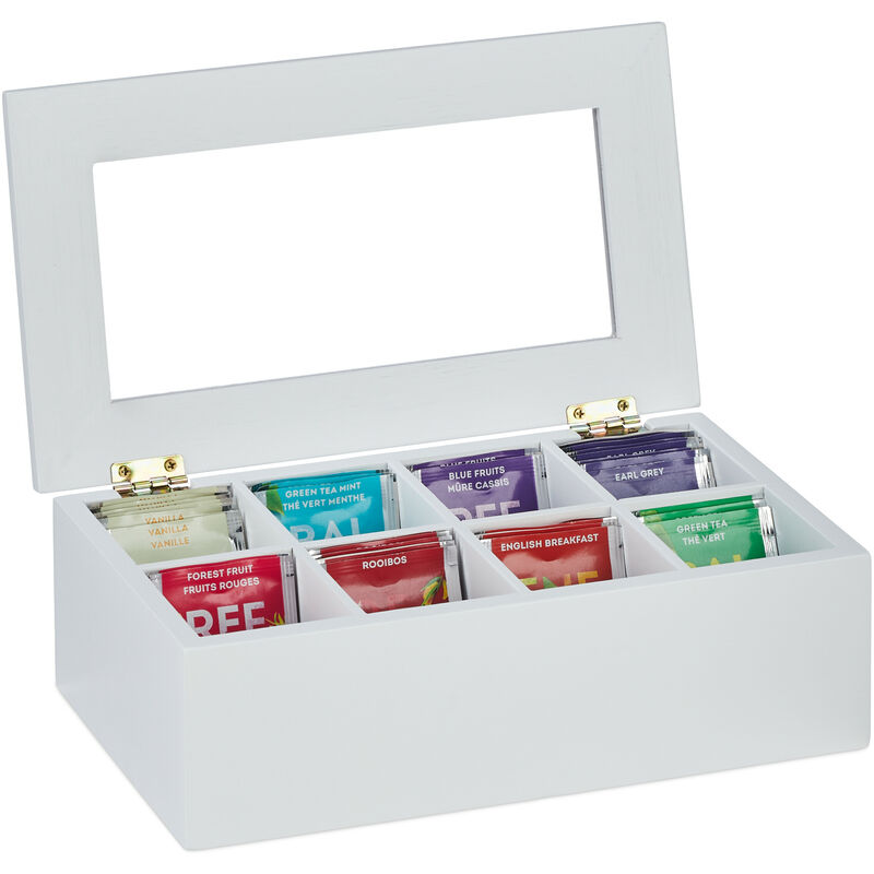 foto del prodotto scatola porta t e tisane, 8 scomparti per capsule caff , cofanetto con coperchio, 9x28x16 cm, bamb , bianco relaxdays