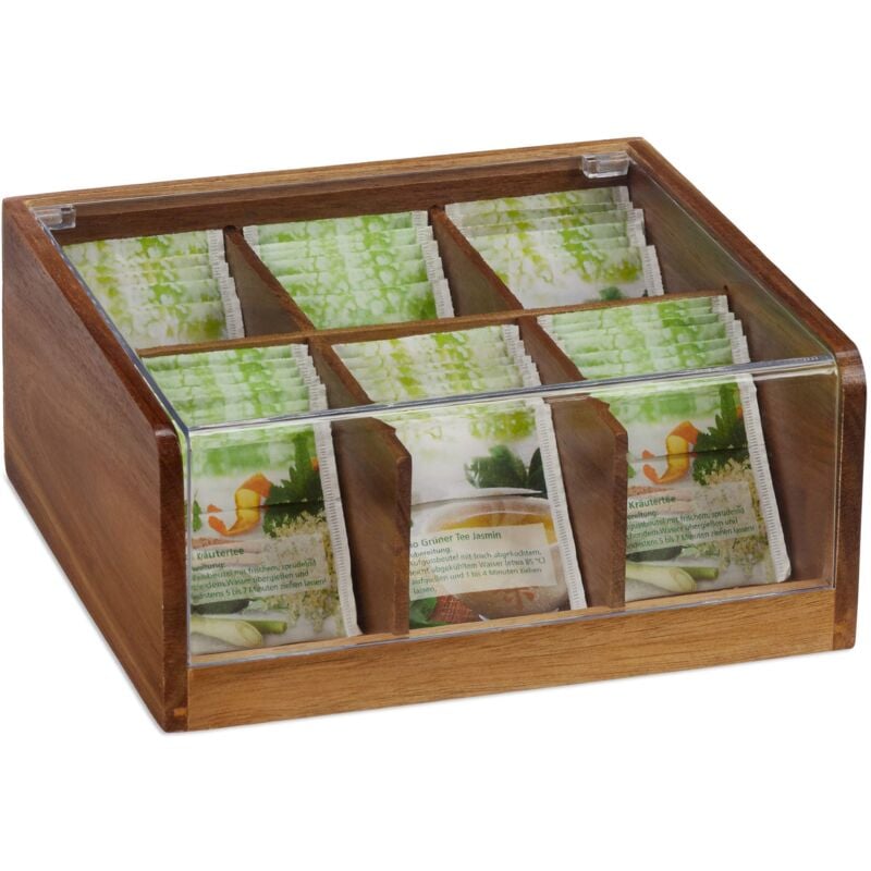 foto del prodotto scatola porta t e tisane, 90 bustine, organizer con coperchio, salva aroma, hlp 9,5x22x20,5 cm,legno naturale relaxdays