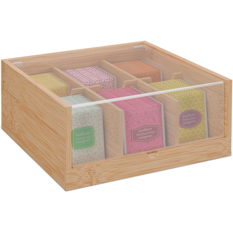 foto del prodotto scatola porta t , organizer cassetti 6 scomparti, hlp 9,5x22x21,5 cm, tea box con coperchio, bamb , naturale relaxdays