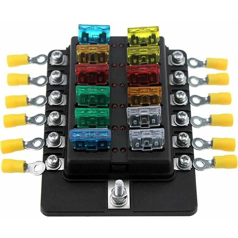 foto del prodotto scatola portafusibili a lama a 12 vie con led include 10 fusibili e terminali adatta per barca, roulotte, marina, 12 v e 24 v