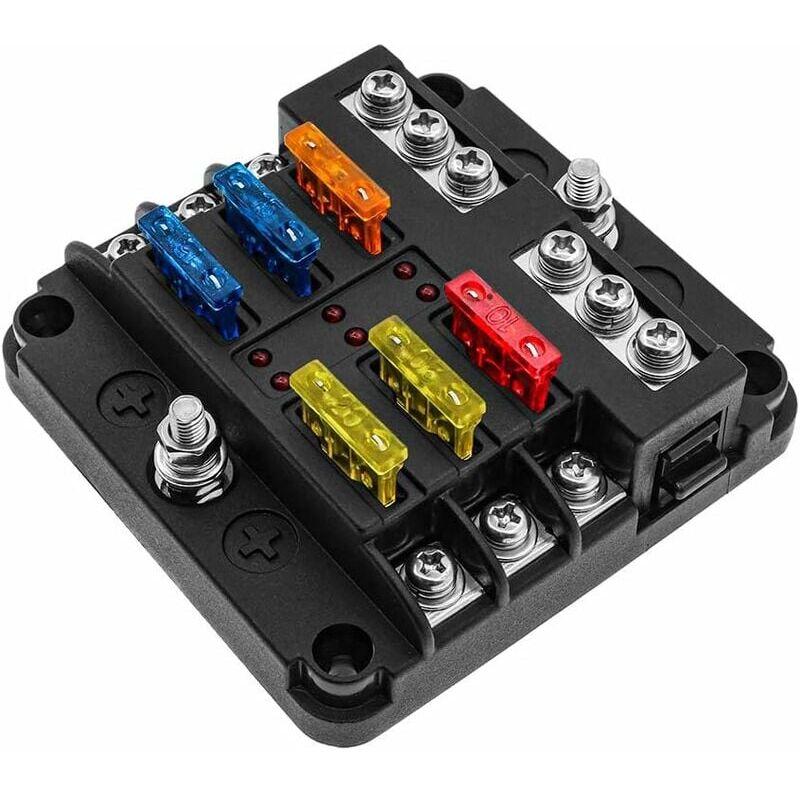 foto del prodotto scatola portafusibili da 12 v, blocchi portafusibili a lama con 16 fusibili, 6 indicatori led, copertura protettiva per auto, barca, camion, suv, 12