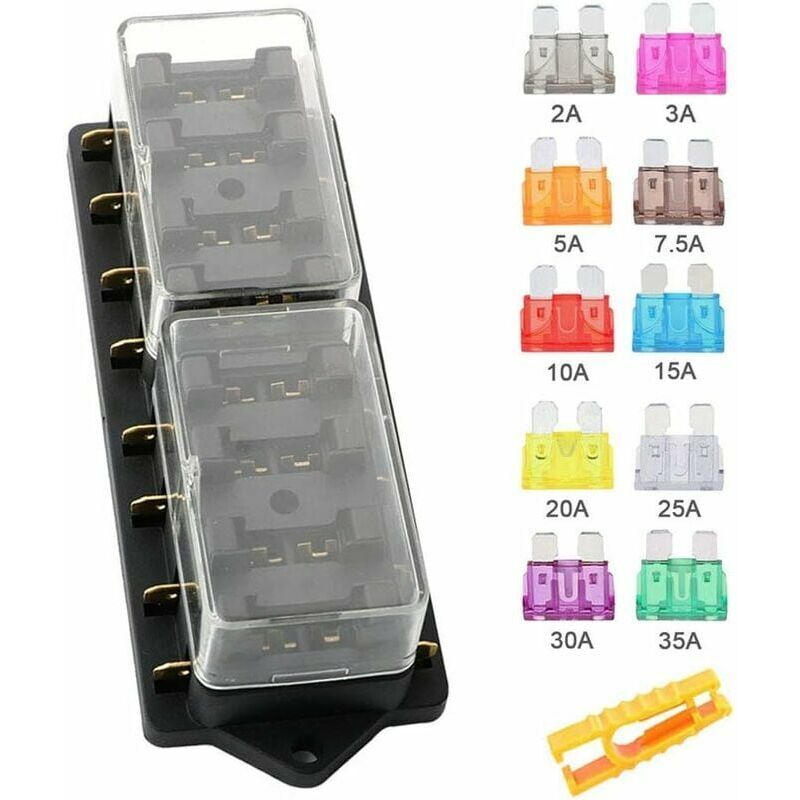 foto del prodotto scatola portafusibili per auto a 8 vie, portafusibile a lama universale standard da 12 v 24 v 32 v 48 v, con copertura impermeabile e 10 fusibili a