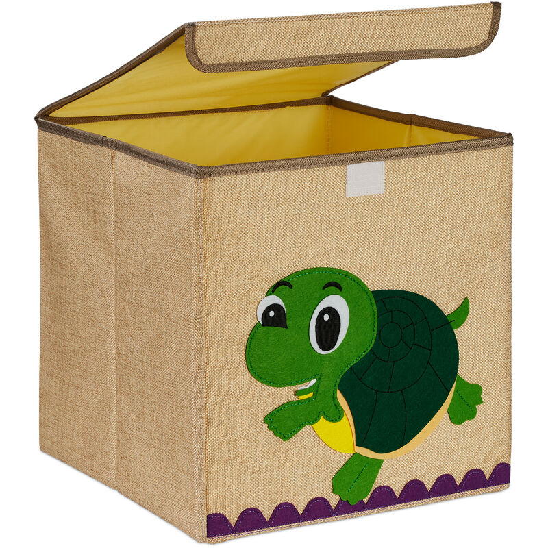 foto del prodotto scatola portagiochi bambini, cesta stoffa portaoggetti, 33x33x33 cm, giocattoli, design tartaruga, beige verde relaxdays