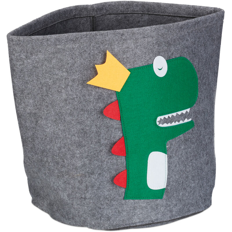 foto del prodotto scatola portagiochi, design dinosauro, cesta feltro, 35x32 cm, giocattoli, camera bambini, piegabile, grigio relaxdays