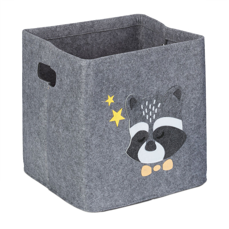 foto del prodotto scatola portagiochi, design procione, feltro, 33x33x33 cm, box giocattoli, camera bambini, pieghevole, grigio relaxdays