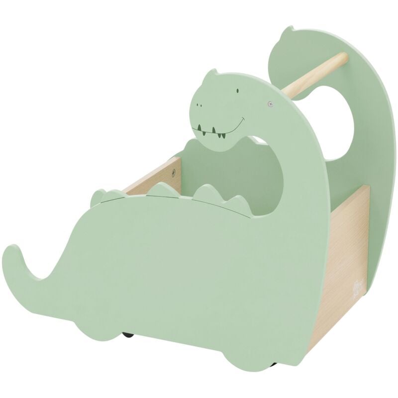 foto del prodotto scatola portagiochi in legno dino 57x31,5x49 cm beige verde scaffale per bambini con 4 rotelle libreria per cameretta girello con portaoggetti