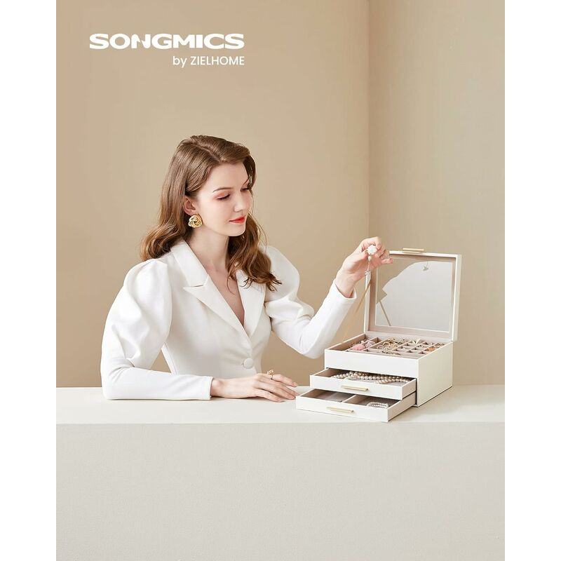 foto del prodotto scatola portagioie, 3 livelli, coperchio in vetro, 2 cassetti, porta gioielli, capiente, moderno, idea regalo, bianco nuvola songmics