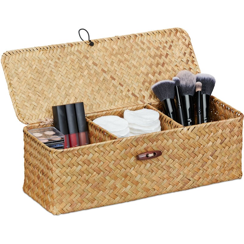 foto del prodotto scatola portaoggetti con coperchio, contenitore in fieno marino con 3 scomparti bagno, 11x33x12,5 cm, naturale relaxdays