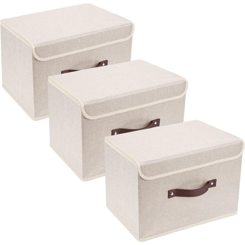 foto del prodotto scatola portaoggetti con coperchio in tessuto, contenitore pieghevole per mensole, guardaroba, vestiti, giocattoli, ufficio set da 3 beige 26 x