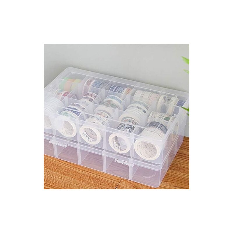 foto del prodotto scatola portaoggetti da scrivania con 15 scomparti per nastro adesivo, mini scatola per adesivi di carta, custodia in plastica trasparente