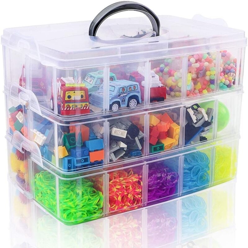 foto del prodotto scatola portaoggetti impilabile a 3 livelli con 30 scomparti, contenitore in plastica per oggetti artigianali, giocattoli, perline da stirare, nastri