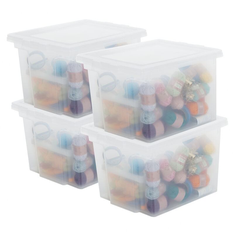 foto del prodotto scatola portaoggetti in plastica, scatola portaoggetti da ufficio 10l, lotto di 4, ddusb s, trasparente, impilabile, clip di chiusura l29 x p24 x