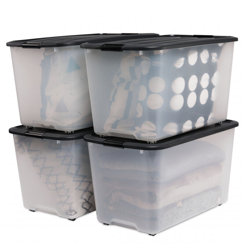 foto del prodotto scatola portaoggetti in plastica, scatola portaoggetti garage 70l, lotto di 4, senza bpa, tbr 70, nero, impilabile, clip di chiusura l68 x p39 x