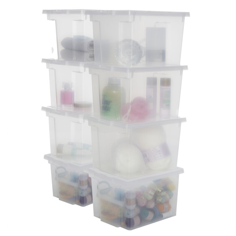 foto del prodotto scatola portaoggetti in plastica, scatola portaoggetti per ufficio 10l, lotto di 8, ddusb s, trasparente, impilabile, clip di chiusura l29 x p24 x
