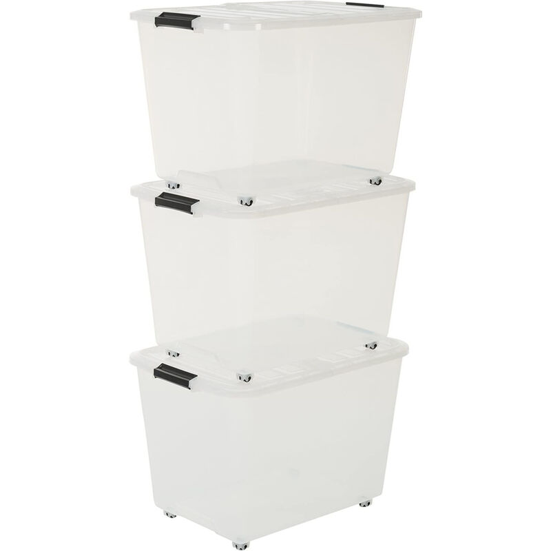 foto del prodotto scatola portaoggetti in plastica, scatola portaoggetti per ufficio 60l, lotto di 3, tbrh 60, trasparente, impilabile, clip di chiusura l39 x p57,5