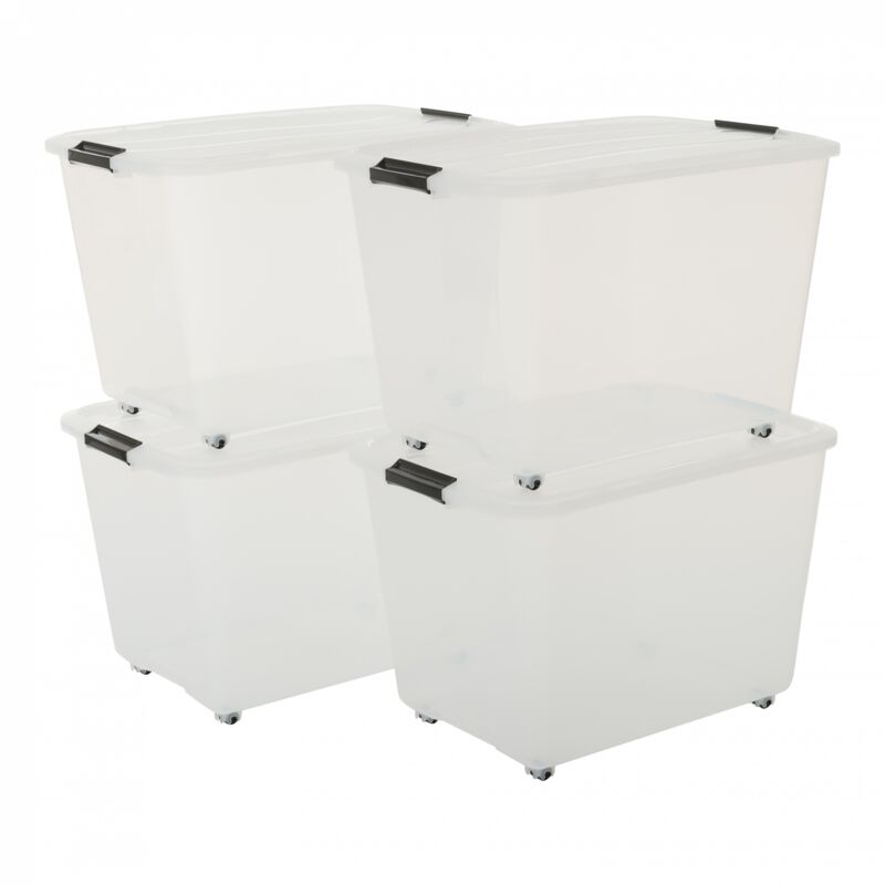 foto del prodotto scatola portaoggetti in plastica, scatola portaoggetti per ufficio 60l, lotto di 4, tbr 60, trasparente, impilabile, clip di chiusura l39 x p57 x