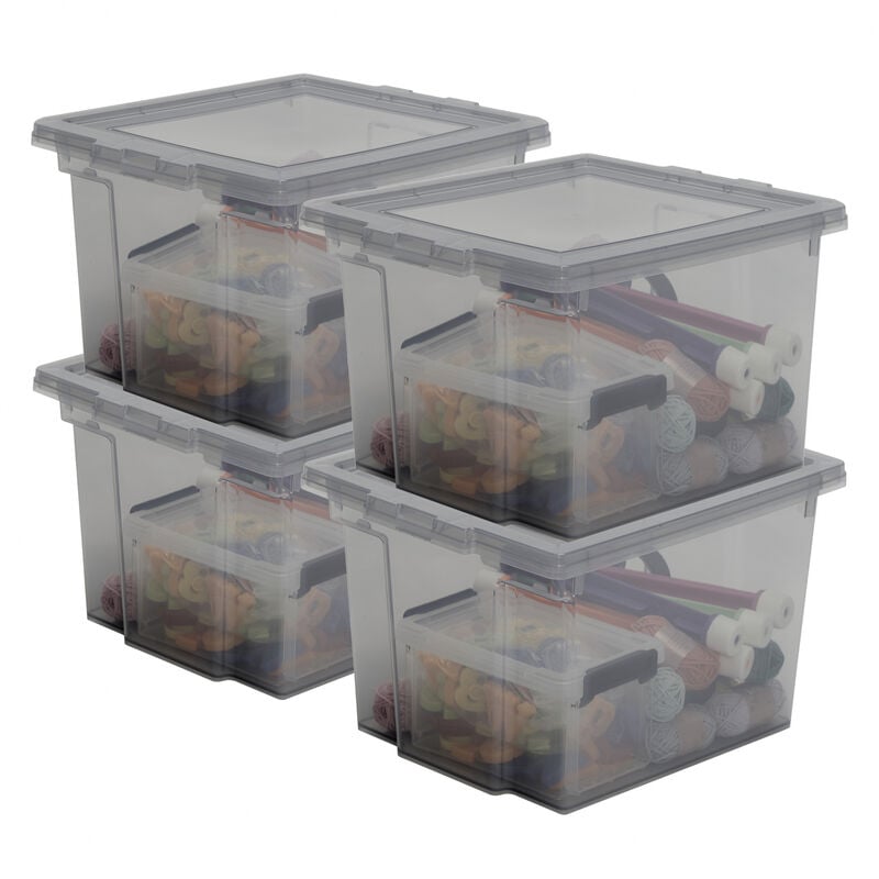 foto del prodotto scatola portaoggetti in plastica, scatola portaoggetti per ufficio da 10 litri, lotto di 4, senza bpa, ddusb s, grigio, impilabile, clip di chiusura