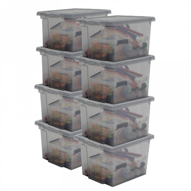 foto del prodotto scatola portaoggetti in plastica, scatola portaoggetti per ufficio da 10 litri, lotto di 8, senza bpa, ddusb s, grigio, impilabile, clip di chiusura