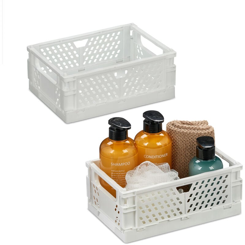 foto del prodotto scatola portaoggetti, set 2 box da scaffale, bagno, 10x25x26,5 cm, porta giochi, plastica, impilabile, bianco relaxdays