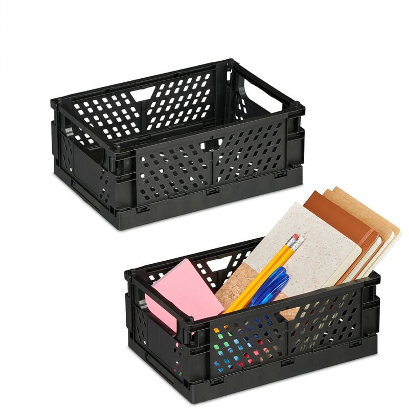 foto del prodotto scatola portaoggetti, set 2 box da scaffale, bagno, 10x25x26,5 cm, porta giochi, plastica, impilabile, nero relaxdays