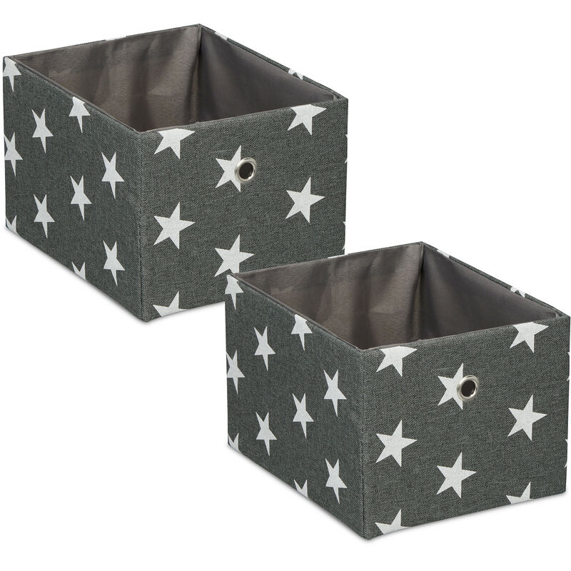 foto del prodotto scatola portaoggetti, set 2 box portagiochi in stoffa da scaffale, 16x20x25 cm, motivo a stelle, grigio bianco relaxdays