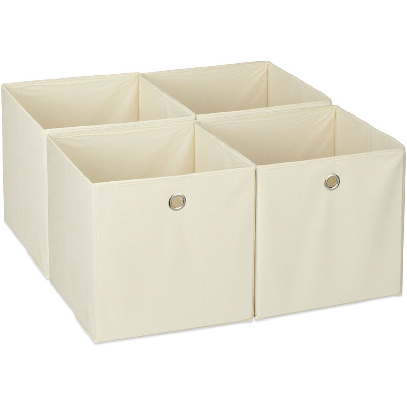 foto del prodotto scatola portaoggetti, set 4 box a cubo da scaffale, hlp 30 x 30 x 30 cm, portagiochi pieghevole, stoffa, beige relaxdays