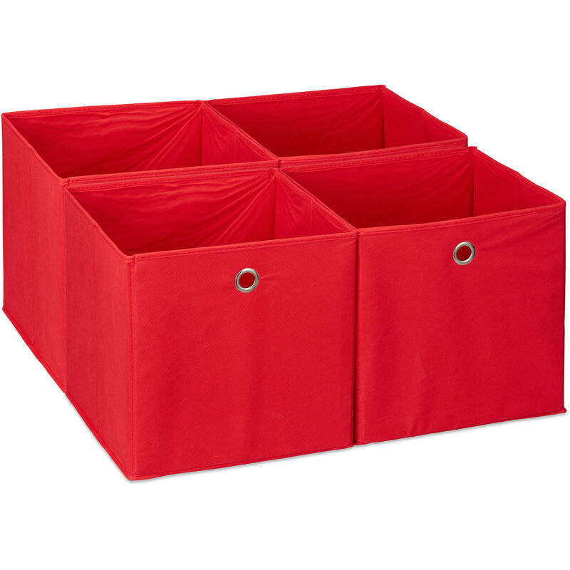 foto del prodotto scatola portaoggetti, set 4 box a cubo da scaffale, hlp 30 x 30 x 30 cm, portagiochi pieghevole, stoffa, rosso relaxdays