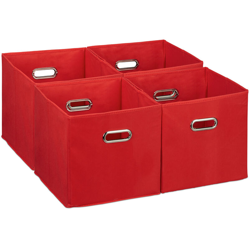 foto del prodotto scatola portaoggetti, set 4 box cubo da scaffale hlp 30 x 30 x 30 cm, portagiochi pieghevole in stoffa, rosso relaxdays