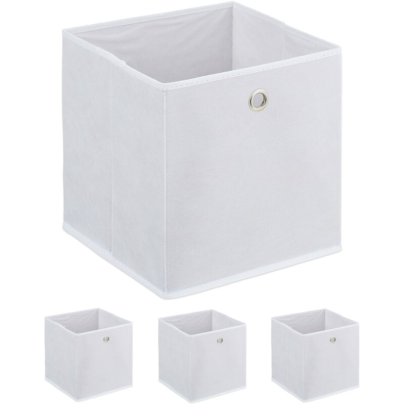 foto del prodotto scatola portaoggetti, set 4 box da scaffale, hlp 30 x 30 x 30 cm, portagiochi pieghevole, in stoffa, bianco relaxdays