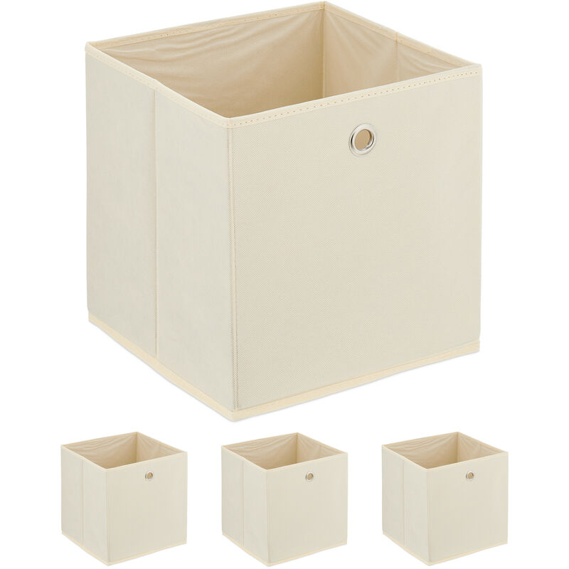 foto del prodotto scatola portaoggetti, set 4 box da scaffale, hlp 30 x 30 x 30 cm, portagiochi pieghevole, in stoffa, crema relaxdays