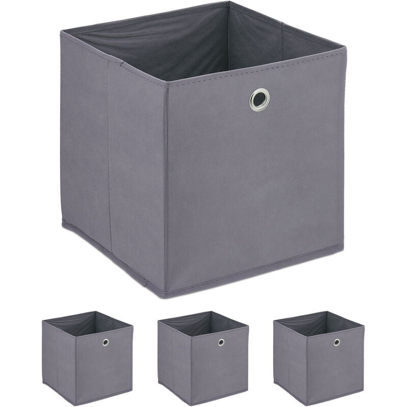 foto del prodotto scatola portaoggetti, set 4 box da scaffale, hlp 30 x 30 x 30 cm, portagiochi pieghevole, in stoffa, grigio relaxdays