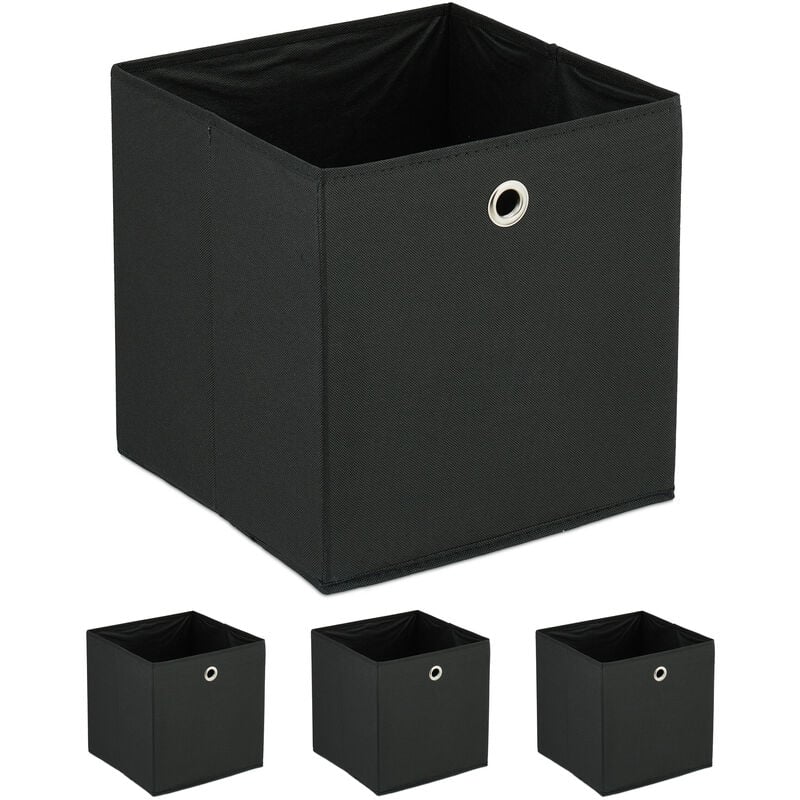 foto del prodotto scatola portaoggetti, set 4 box da scaffale, hlp 30 x 30 x 30 cm, portagiochi pieghevole, in stoffa, nero relaxdays
