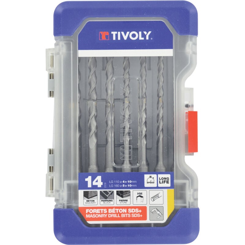 foto del prodotto scatola ranger da 14 punte sds 4 5 6x2 8x2 10 mm l110mm e 5 6 6 6,5 8 8 10mm l160mm tivoly