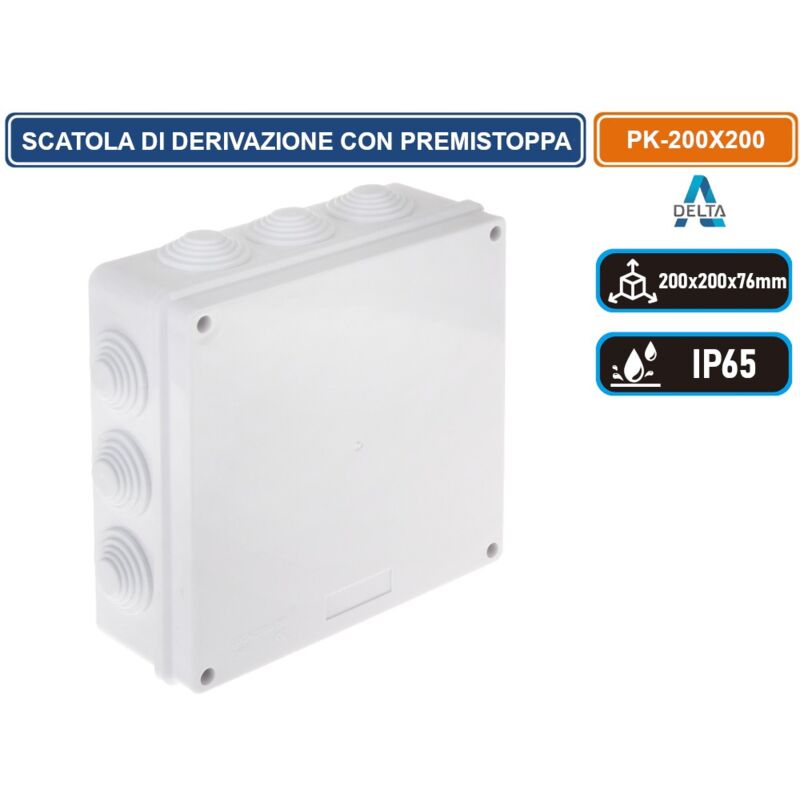 foto del prodotto scatola stagna di derivazione con coperchio con viti in metallo quadrata 203x203x76mm con 12 passacavi 31 mm ip65