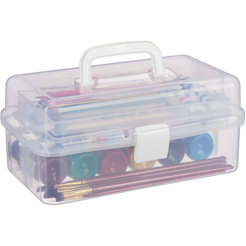 foto del prodotto scatola trasparente plastica, 9 scomparti per oggetti, maniglia e chiusura a scatto, hlp 14,5x33x19 cm, bianco relaxdays