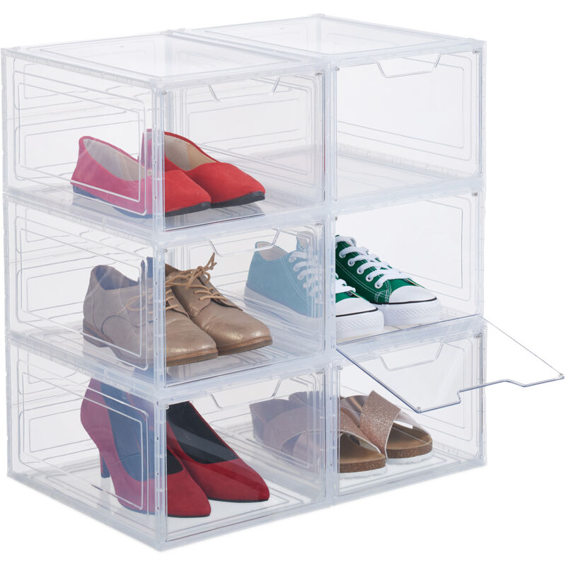foto del prodotto scatole di plastica per scarpe fino al n. 50, scarpiera con 6 box impilabili, shoes organizer, trasparenti relaxdays