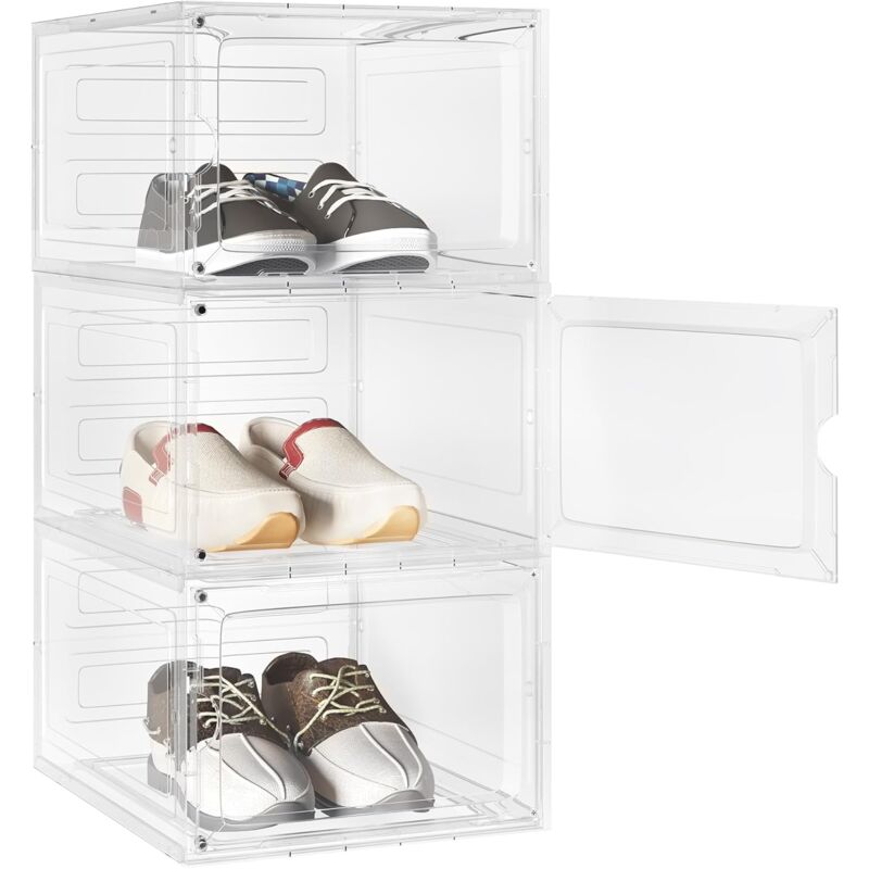 foto del prodotto scatole per scarpe da 3 pezzi. contenitori per scarpe impilabili in plastica trasparente. organizzatori porta scarpe con sportello magnetico