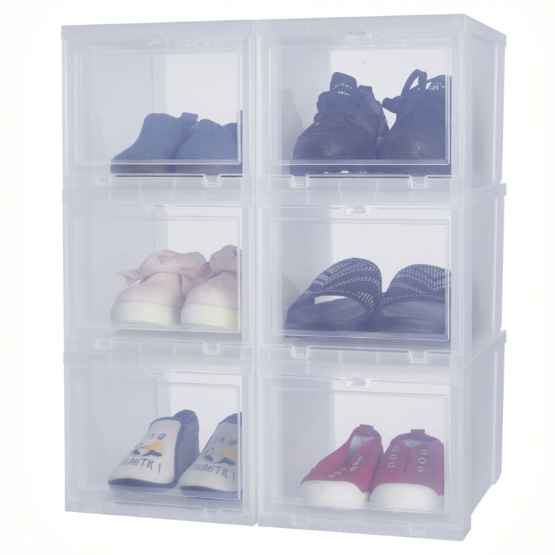 foto del prodotto scatole per scarpe in plastica, 14 l, set da 6, senza bpa, eudf m, trasparenti, impilabili, clip di chiusura l35,5 x p28 x a18 cm iris ohyama