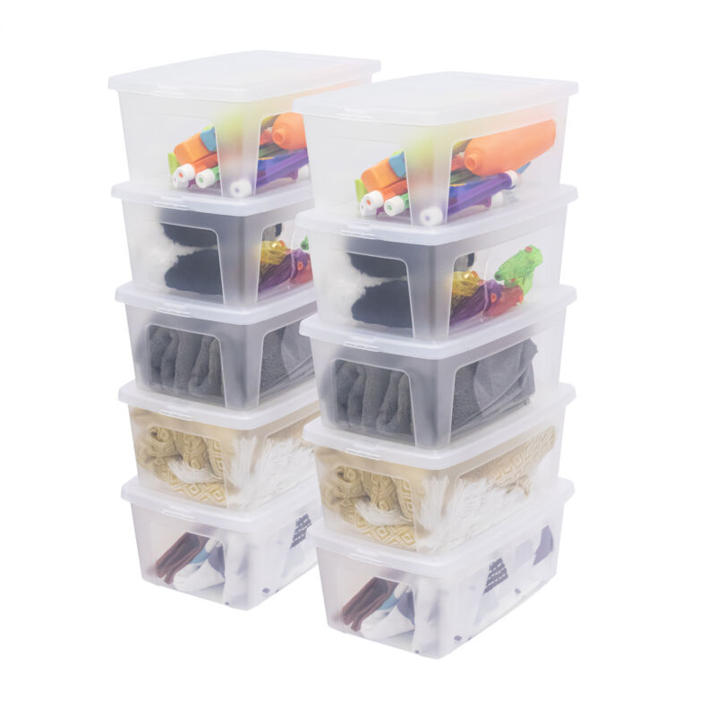 foto del prodotto scatole portaoggetti, 11l, set di 10, trasparente, chiusura facile, impilabile, plastica trasparente, per armadio, scaffali, scuola, organizzazione,