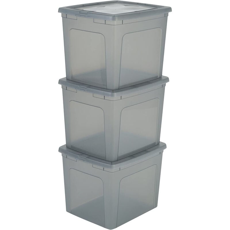 foto del prodotto scatole portaoggetti, 30l, set di 3, grigio, chiusura facile, impilabile, plastica trasparente, per armadio, scaffali, scuola, organizzazione,